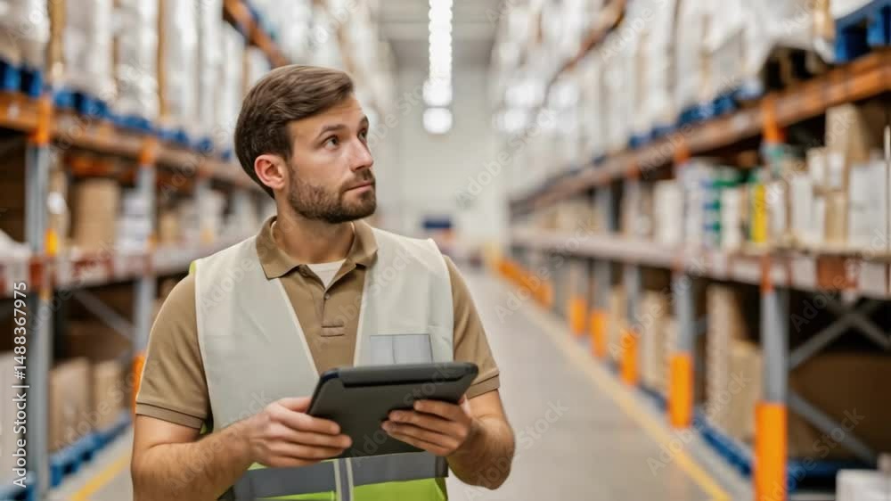 Poster warehouse worker using digital tablet for inventory management