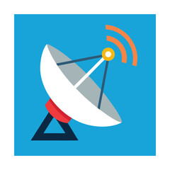 Flat design illustration of a satellite dish transmitting signals for communication purposes