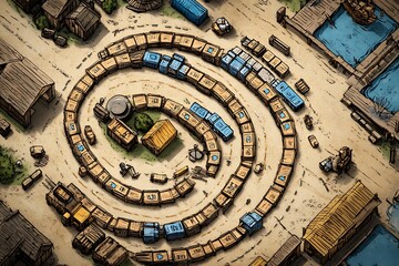 Fototapeta premium Artistic Aerial View of Spiral Cargo Route in Rustic Town Landscape