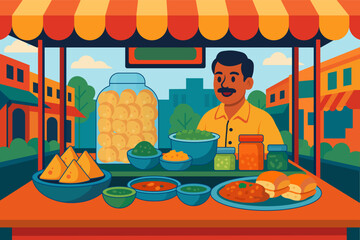 A colorful vector illustration of a street food stall in India.