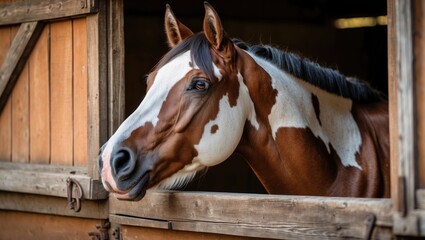 Fototapeta premium Appaloosa horse's head protruding from stall window