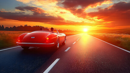 Red convertible drives down sunlit highway at sunset, trees line the horizon, clouds ablaze with fiery orange