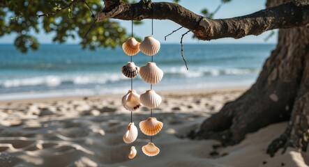 Shell wind chime hanging from a tree branch above sandy ground