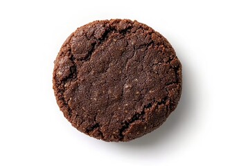 A single chocolate cookie with a cracked surface on a white background