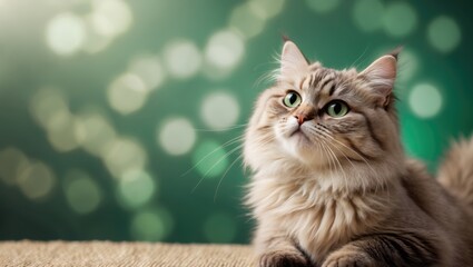 Obraz premium Cute cat gazes upward with green bokeh behind