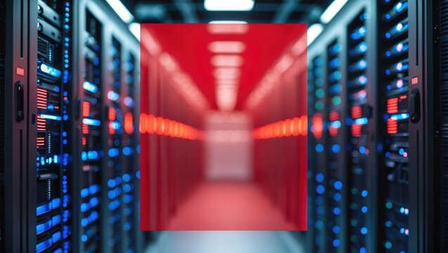 Red copy space layout featuring a computer server room with text processing