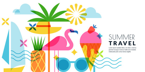 Summer holiday, travel, vacation geometric background with sunglasses, ice cream, palm, flamingo. Vector illustration