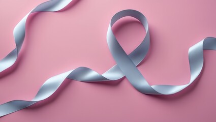 Gray ribbon on a pink background with copy space.