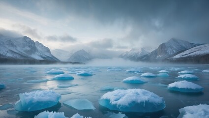 Fototapeta premium Snow-covered frozen lake view from ice, featuring blue ice floes and mountain valley in fog, perfect for winter tourism.