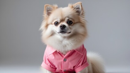 Adorable Pomeranian spitz wearing pink shirt in studio