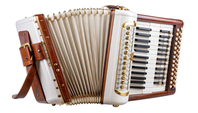 Classic White Accordion with Ornate Gold Accents and Leather Straps, isolated on transparent background PNG