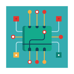 Colorful illustrated circuit board graphic illustrating technology electronics and modern computing