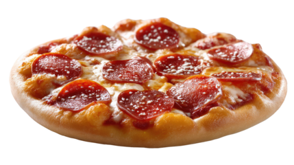 Pepperoni Pizza Feast: A mouthwatering close-up shot of a perfectly baked pepperoni pizza, featuring melted mozzarella cheese, crispy crust, and a generous amount of savory pepperoni slices.