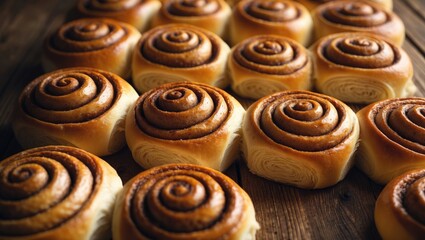 Fototapeta premium Deliciously brown cinnamon rolls, made from scratch. Freshly baked wheat cinnamon rolls on a wooden surface.