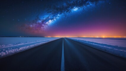 Milky Way shining on a cold winter night above a long avenue with light pollution behind