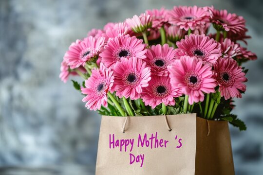 Pink gerbera daisy bouquet in a paper bag with happy mother's day message on a textured background