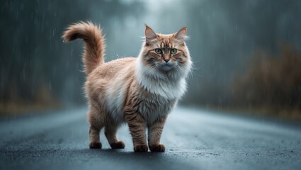 Solitary furry cat on a wet asphalt road gazing at the camera. Predominantly white. Black markings on the head. Brown tail. Green eyes.