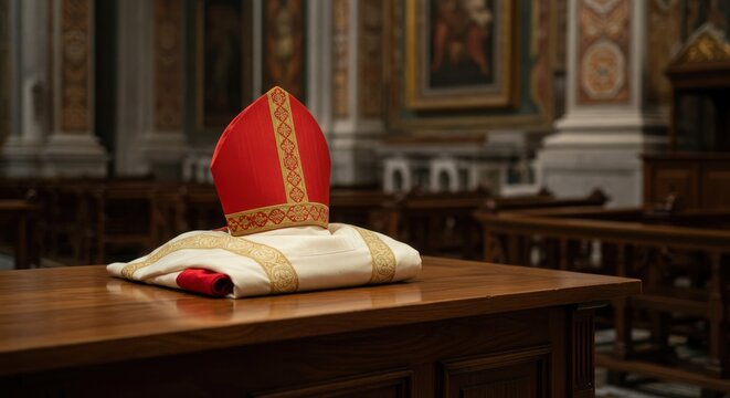 Religious hat and garment on a wooden table inside a building.
