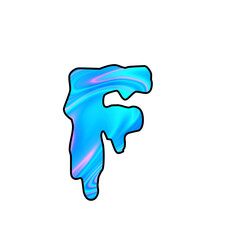 Liquid Chrome Letter F – Iridescent 3D Typography with Holographic Blue Texture on Black Background. Holographic, Neon Letter
