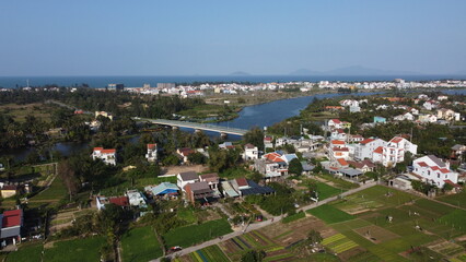 Aerial Landscape of Green Fields and River near Hoi An