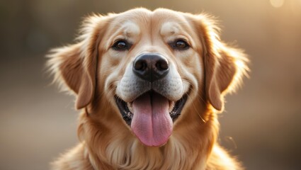 Adorable Golden Retriever Dog Grinning with Spotted Tongue, Close-up Head Shot