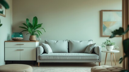 In a cozy living room, a green plant sits on a cabinet drawer beside a comfortable couch with pillows, with an area for a coffee table. Genuine photo
