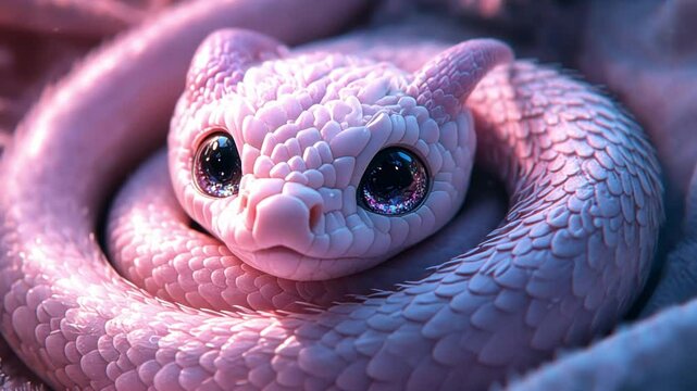 Cute Pink Baby Snake: A charming illustration of a pink baby snake with large, expressive eyes, coiled gently. Its soft scales and adorable features evoke feelings of warmth and wonder.