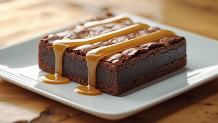 Chocolate brownie dessert presented on a rectangular white dish