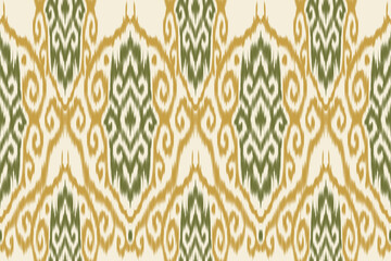 Seamless green and yellow ethnic ikat pattern with traditional ornamental shapes and swirl motifs. Decorative abstract textile design for fabric, wallpaper, and wrapping.