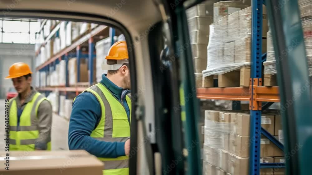 Poster Warehouse worker checking inventory on clipboard during loading operations
