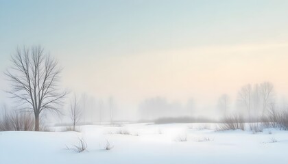 Obraz premium Winter landscape with fog and bare trees in a snowy field