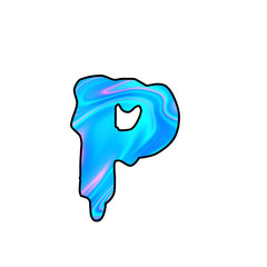 Liquid Chrome Letter P – Iridescent 3D Typography with Holographic Blue Texture on Black Background. Holographic, Neon Letter