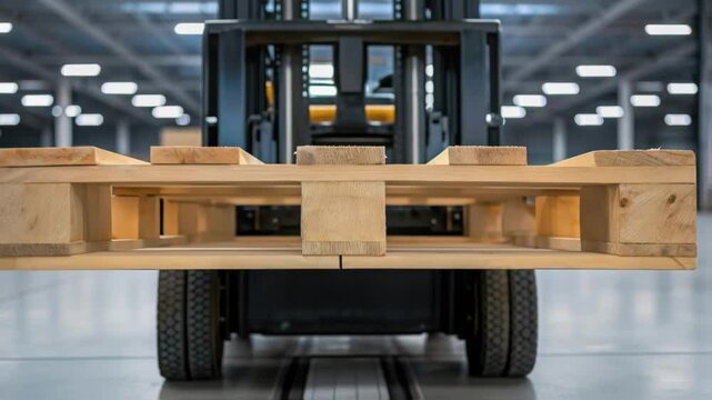 Forklift carrying wooden pallet in warehouse, different viewpoints