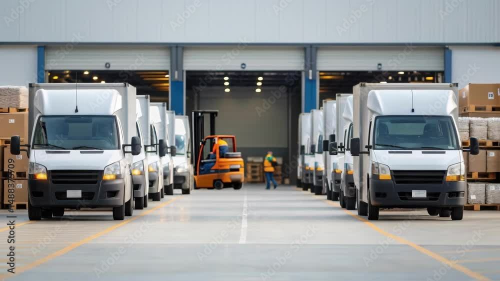 Poster forklift loading cargo into delivery vans at distribution warehouse