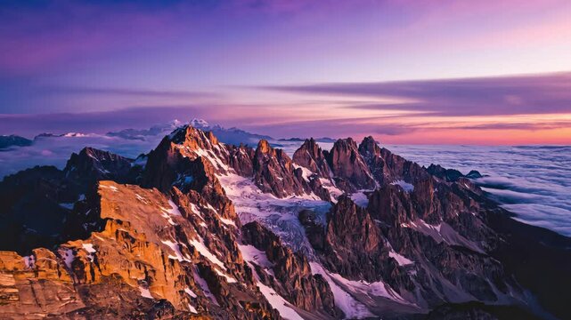 Drone flying over snowy mountain peaks during twilight as the sky transitions from deep blue to violet, casting gentle reflections on the snow and creating a magical cinematic view
