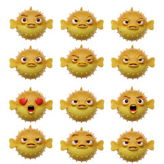 Collection of pufferfish character designs with diverse expressions