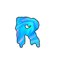 Liquid Chrome Letter R – Iridescent 3D Typography with Holographic Blue Texture on Black Background. Holographic, Neon Letter