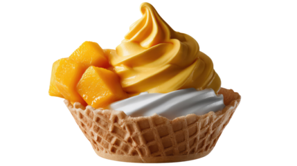 Mango Delight: Indulge your senses with a creamy swirl of mango ice cream and a fresh whipped cream, nestled in a waffle cup, making a perfect treat for a sunny day.