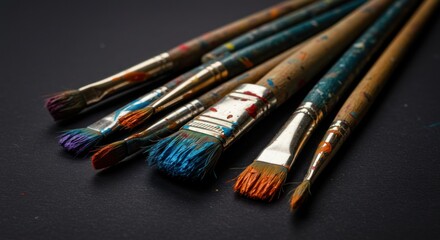 Several paintbrushes with colored paint on bristles are arranged on a dark surface.