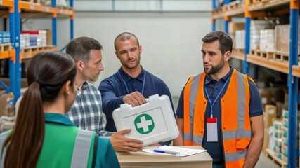 Warehouse workers learning about first aid kit during training course