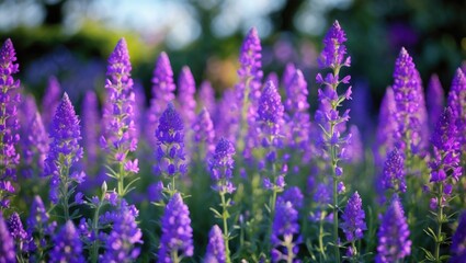 Obraz premium Woodland Sage Salvia nemorosa with Vibrant Blooming Flowers, Clary Flowering Decorative Plants in the Garden