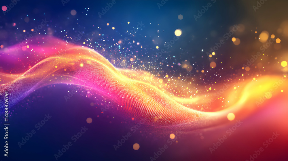 Poster luminous energy wave with glowing particles, creating abstract dynamic design