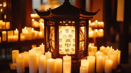 Serene Lantern Illumination: A Peaceful Atmosphere of Glowing Candles and Intricate Asian Lantern