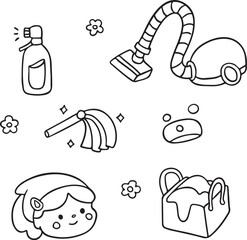 Cute cartoon cleaning tools and a girl's face. Includes spray bottle, vacuum cleaner, mop, bucket with cleaning liquid, and bubbles. Black and white outline.