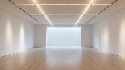 Obraz premium Sleek gallery interior equipped with overhead lamps and empty white walls.