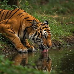 Fototapeta premium A tiger drinks from a quiet jungle stream, shadows falling across its face beneath soft rays of rising sun.