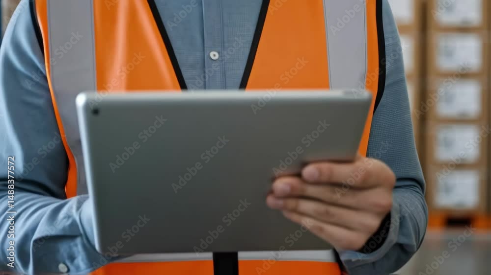 Poster warehouse worker using digital tablet for inventory management
