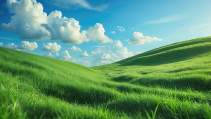 Wallpaper of blue sky with clouds over green hills and grassy landscape