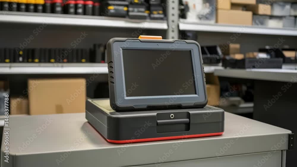 Poster Rugged tablet computer showing blank screen in a storage room