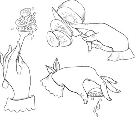 Elegant hands preparing food: twirling pasta on a fork, slicing a kiwi, and squeezing a lemon. Delicate black and white line art illustrations.